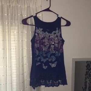 Blue Tank Top With Butterflies And Lace